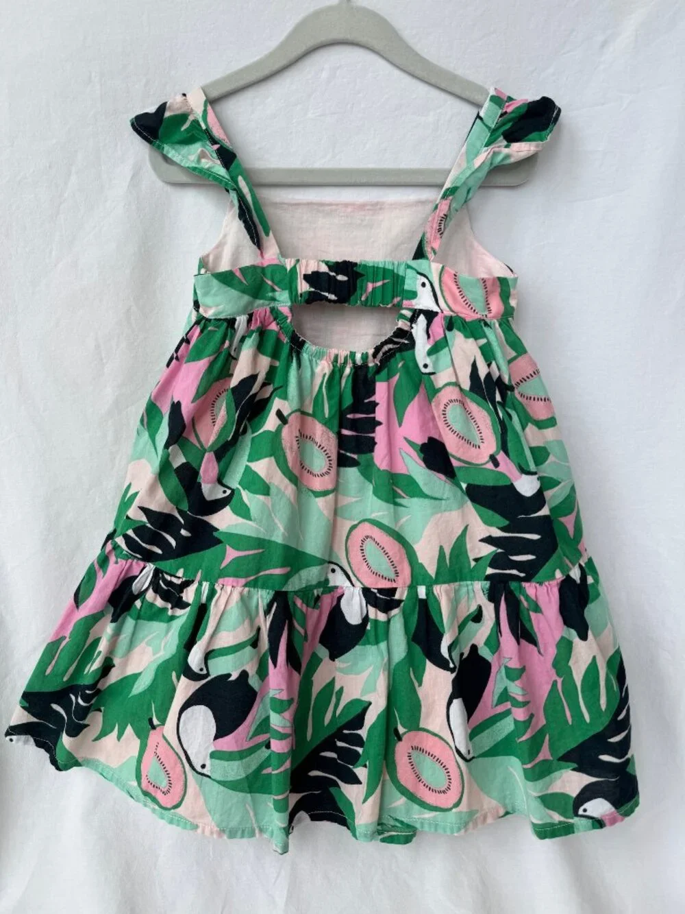 Janie & Jack Tropical Toucan Tiered Dress Girls Size 4 Pink Green Cotton